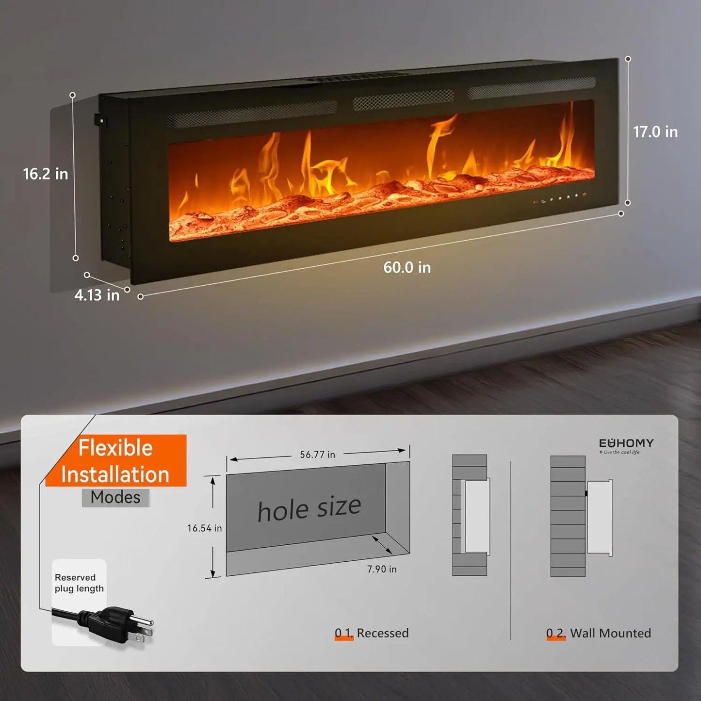 Recessed Wall Electric Fireplace With Adjustable Flame Remote Timer