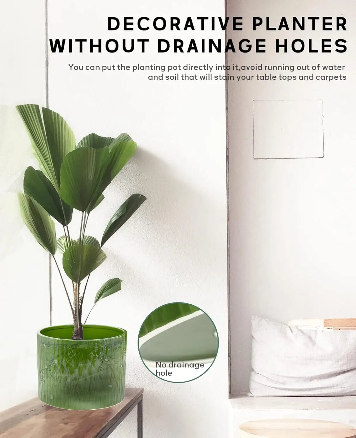 Ceramic Plant Pot With Wood Stand For Indoor Outdoor Use