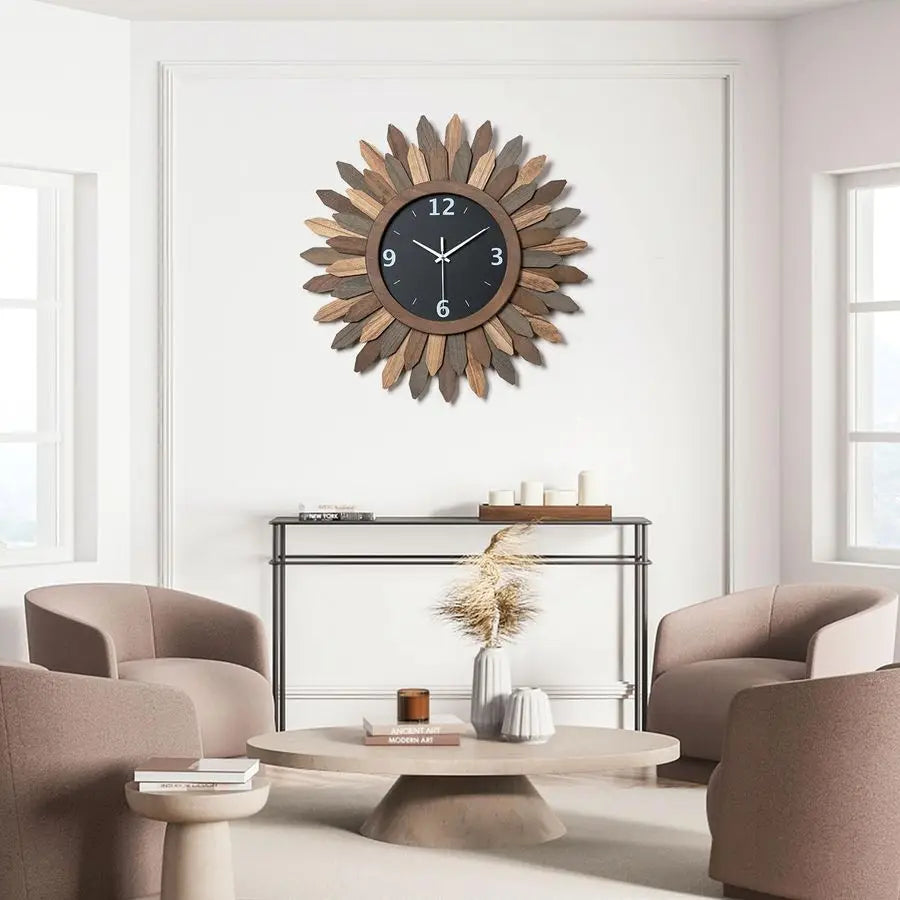Rustic Wood Boho Sunburst Wall Clock Quiet Quartz Movement