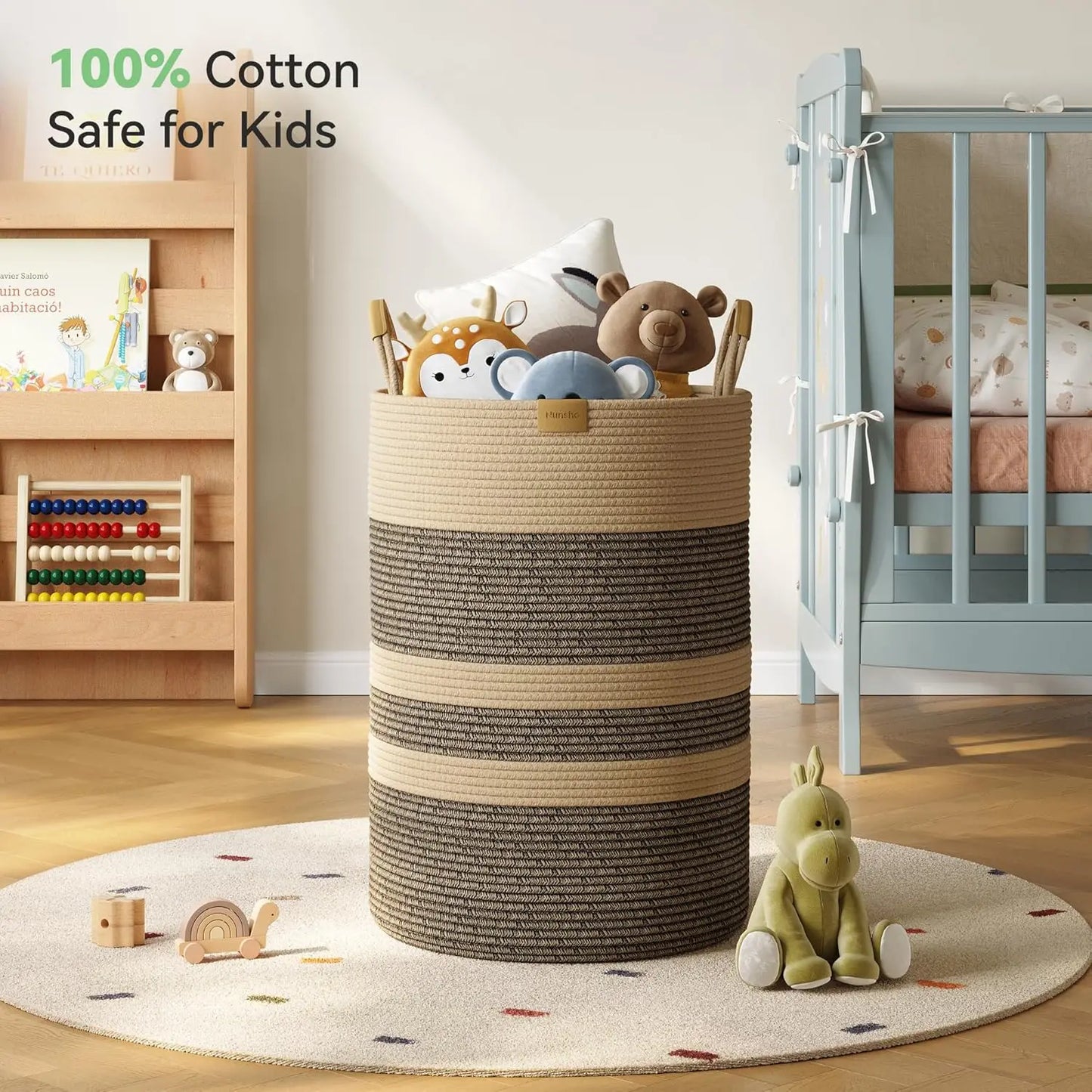 Foldable Laundry Basket With Leather Handles And Cotton Rope Storage
