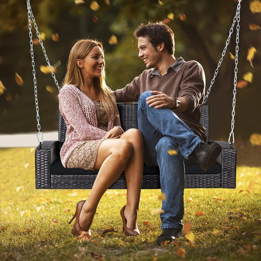 RBXC Outdoor Porch Swing Bench 2Seater Rattan Cushioned Steel Chain