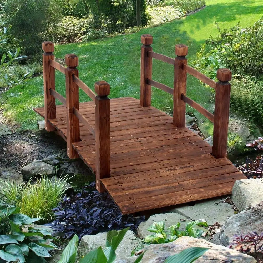 Wooden Garden Bridge With Double Rails Walkway Outdoors