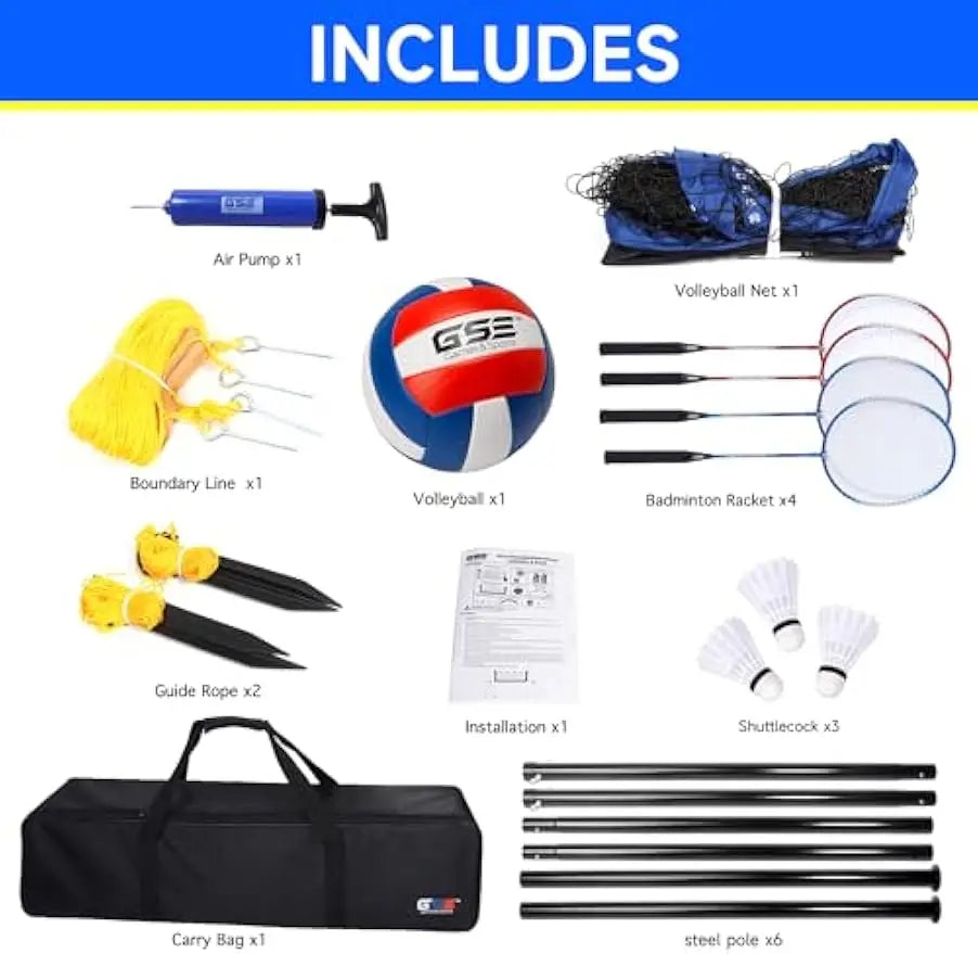 Outdoor Volleyball And Badminton Combo Set With Net Poles Racquets