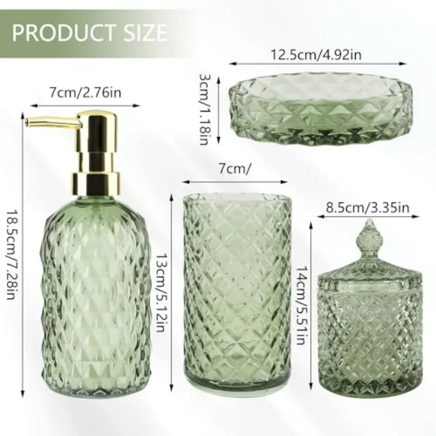 5Pcs Glass Bathroom Accessories Set Green Vintage Bathroom Counter Sink Toothbrush Holder Set with Hand Lotion Soap Dispenser T