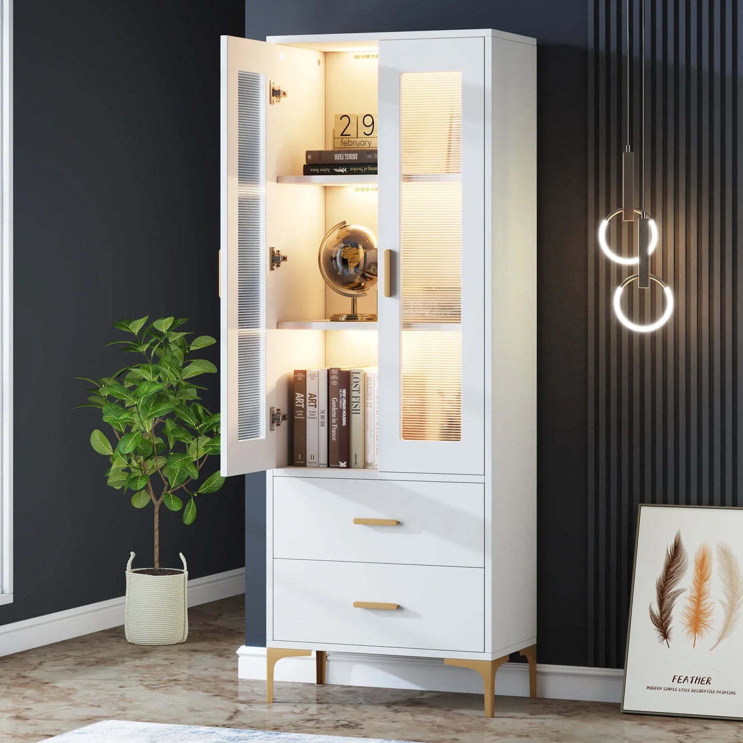 Tribesigns Bookcase With Led Light Doors And Storage Drawers