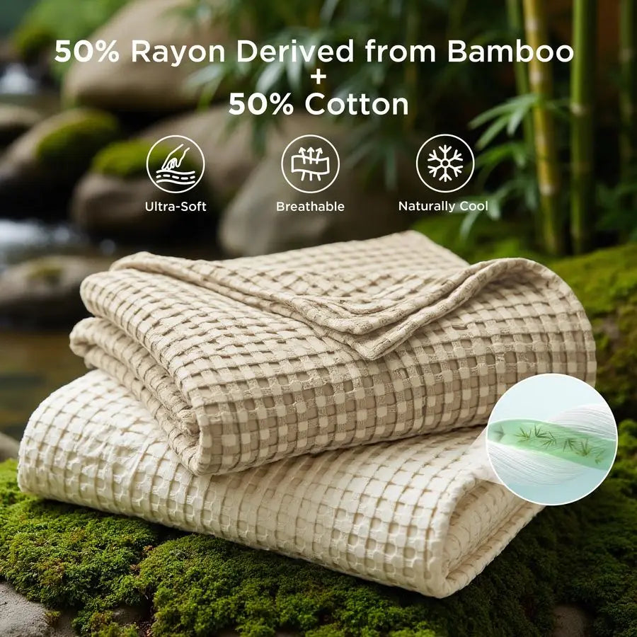 Cooling Cotton Waffle Blanket Lightweight Breathable Bamboo Rayon