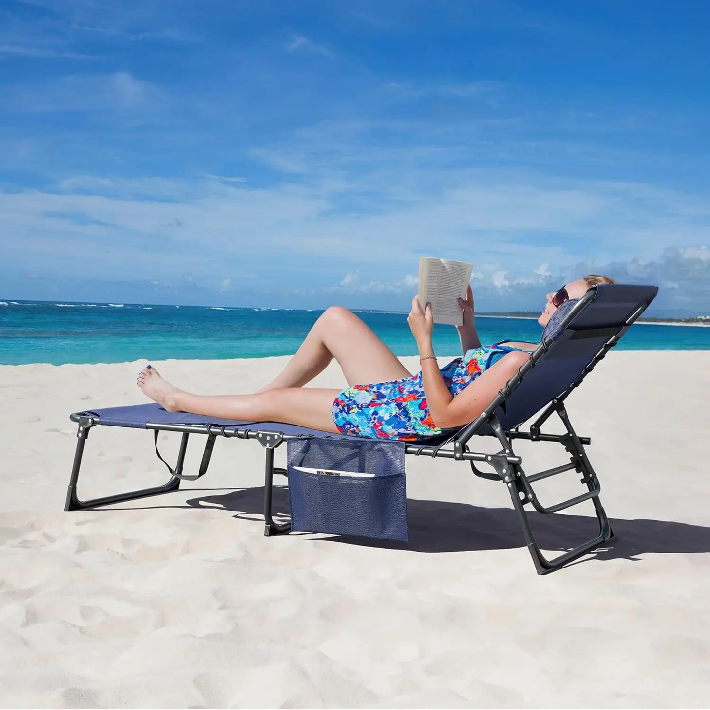 Folding Tanning Chair With Adjustable Back And Detachable Pillow And Pocket