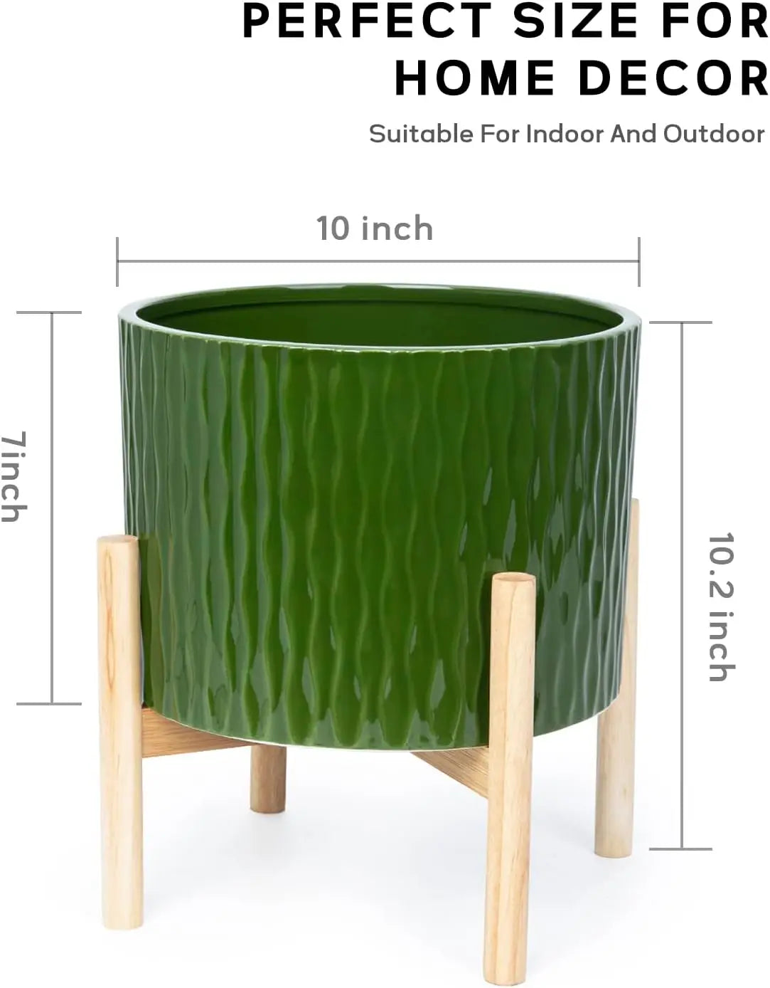 Ceramic Plant Pot With Wood Stand For Indoor Outdoor Use