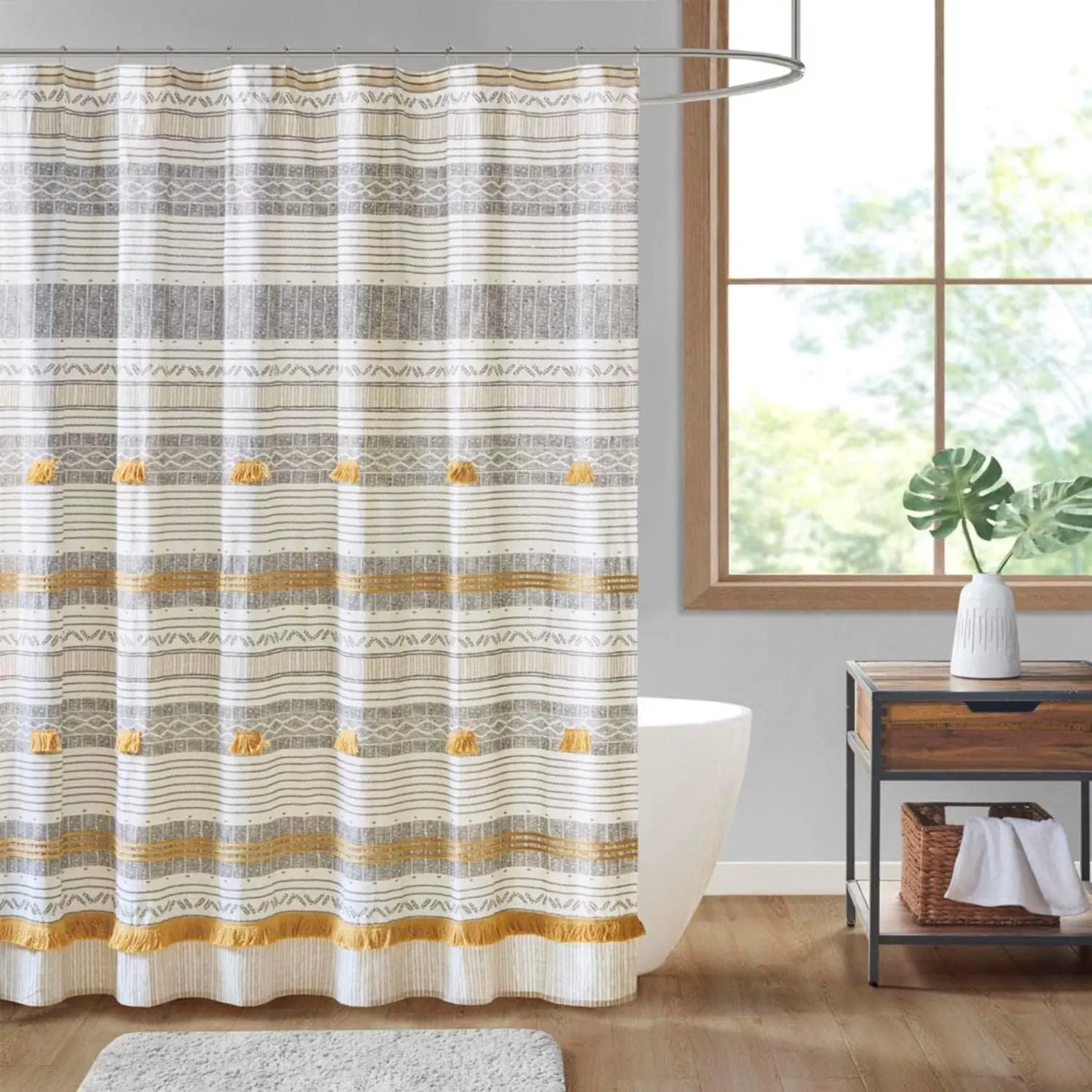 Boho Chic Cotton Shower Curtain With Tassel Trim For Bath
