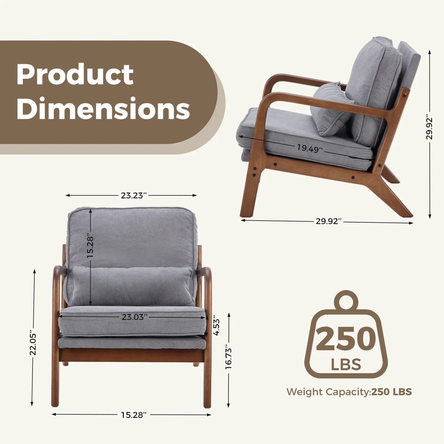 JHK Mid Century Modern Armchair With Wooden Frame For Home