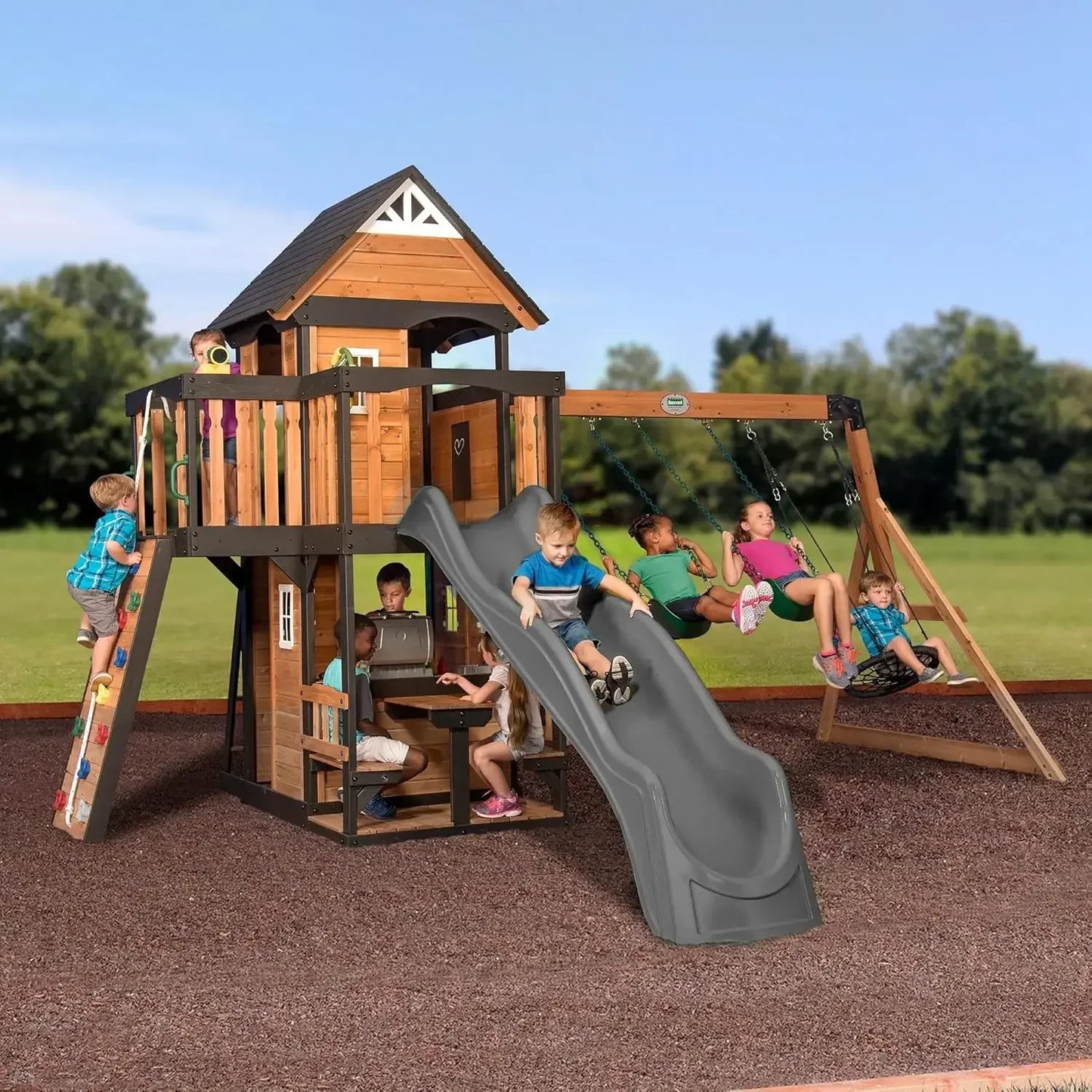 Cedar Wood Swing Set With Wave Slide And Clubhouse