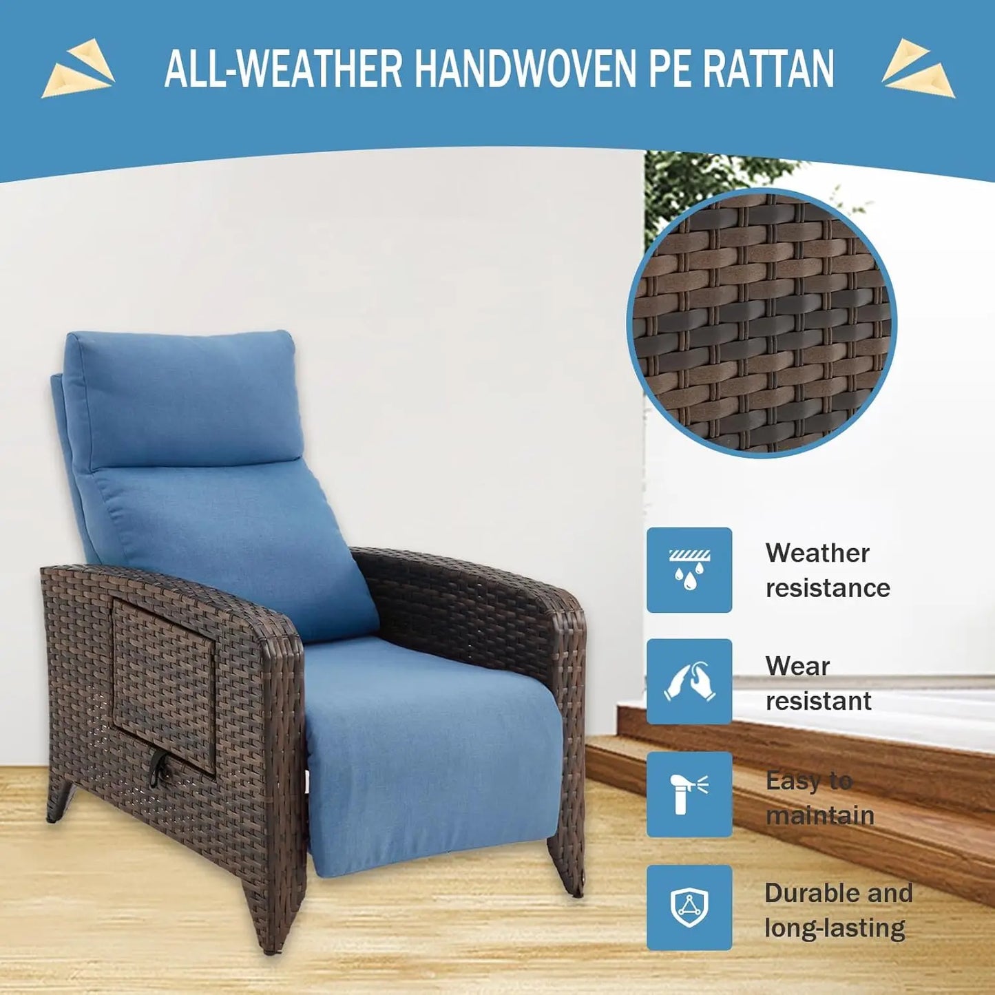 Outdoor Wicker Recliner Chair With Adjustable Backrest To 150 Degrees