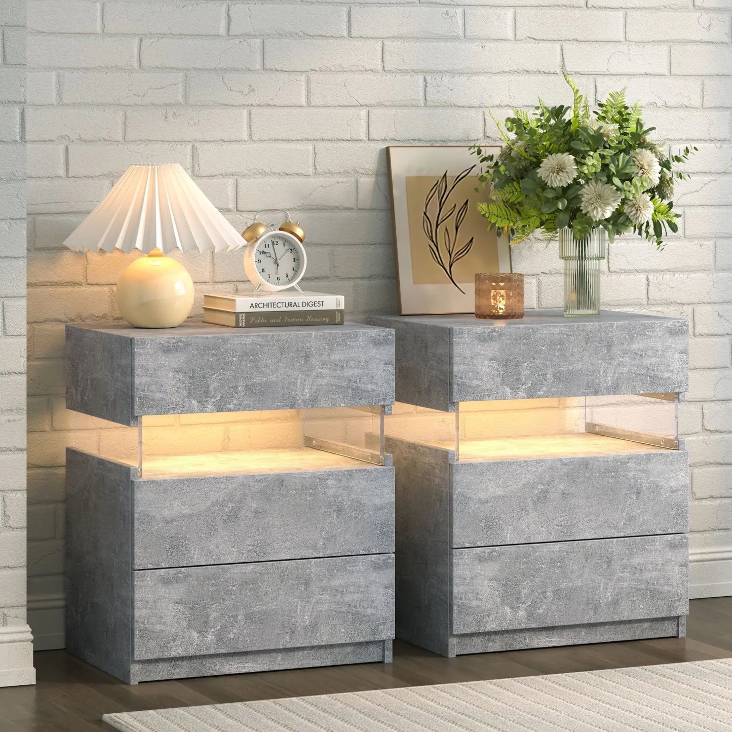 Cubehom Bedside Tables Set With LED Lighting Two Pieces Three Drawers