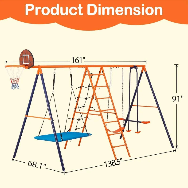YTYIN Metal Swing Set With Climbing Ladder And Basketball Hoop