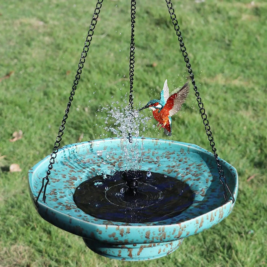 Solar-Powered Ceramic Hanging Bird Bath with Fountain for Outdoor Garden
