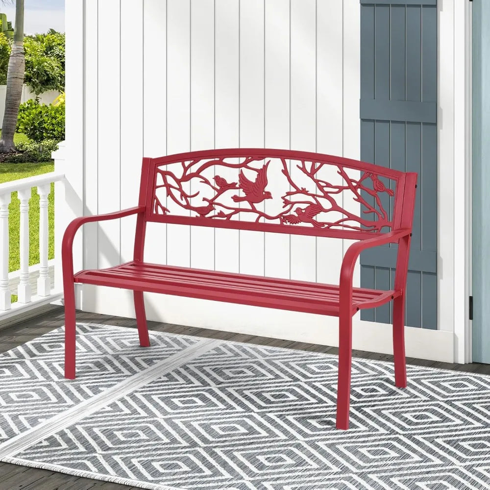 TIFICY Metal Outdoor Garden Bench With Cast Iron Back Pattern