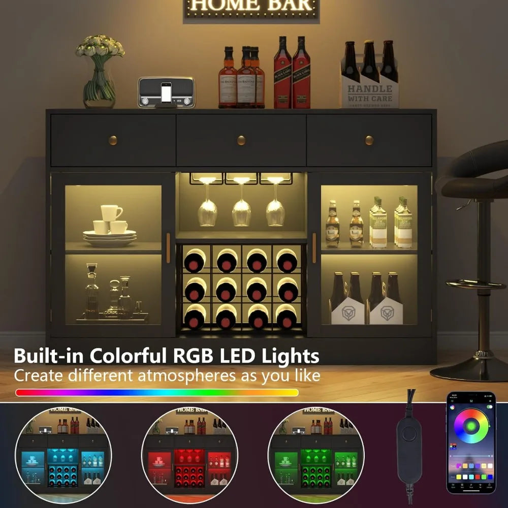 MKDK Wine Bar Cabinet with LED Light and Glass Rack