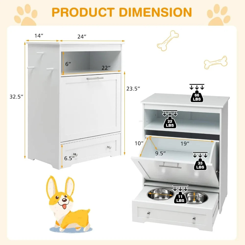 Pet Feeder Station With Double Pull Out Bowls And Dog Food Storage Cabinet