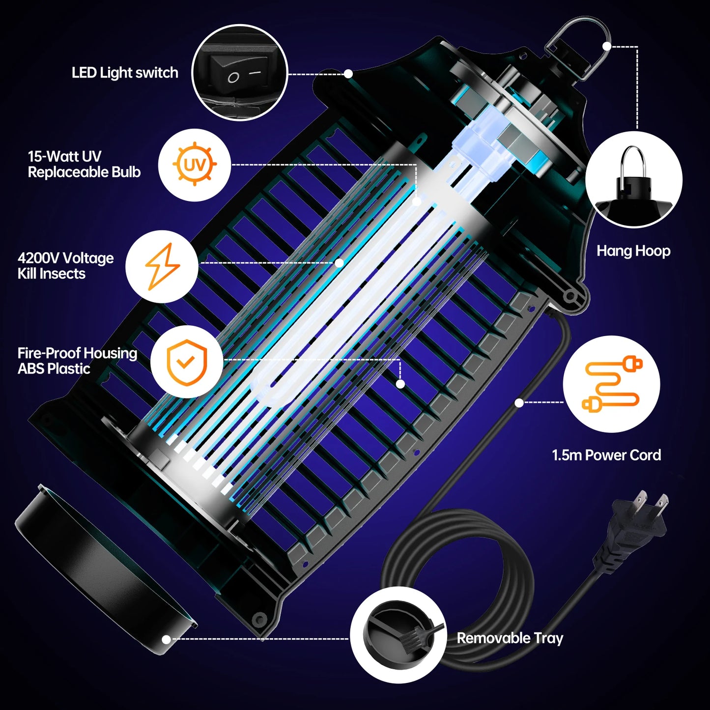 Electric Bug Zapper Indoor Outdoor Insect Killer Waterproof 8W 120V