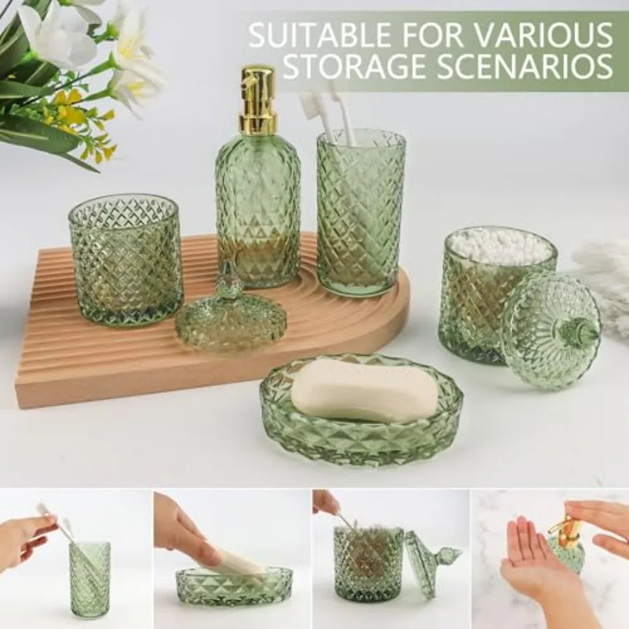 5Pcs Glass Bathroom Accessories Set Green Vintage Bathroom Counter Sink Toothbrush Holder Set with Hand Lotion Soap Dispenser T