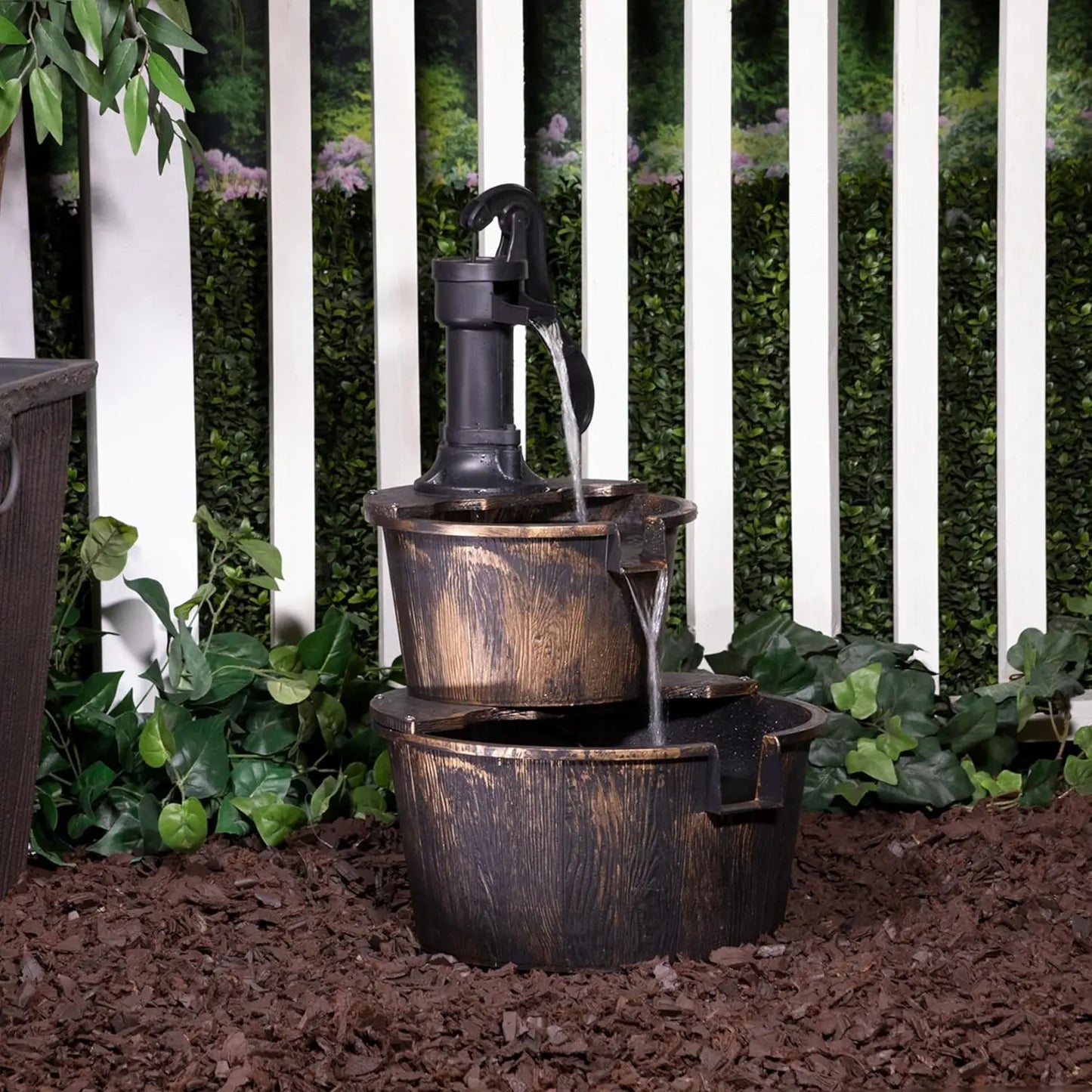 Rustic Outdoor Barrel Pump Water Fountain With Cascading Flow