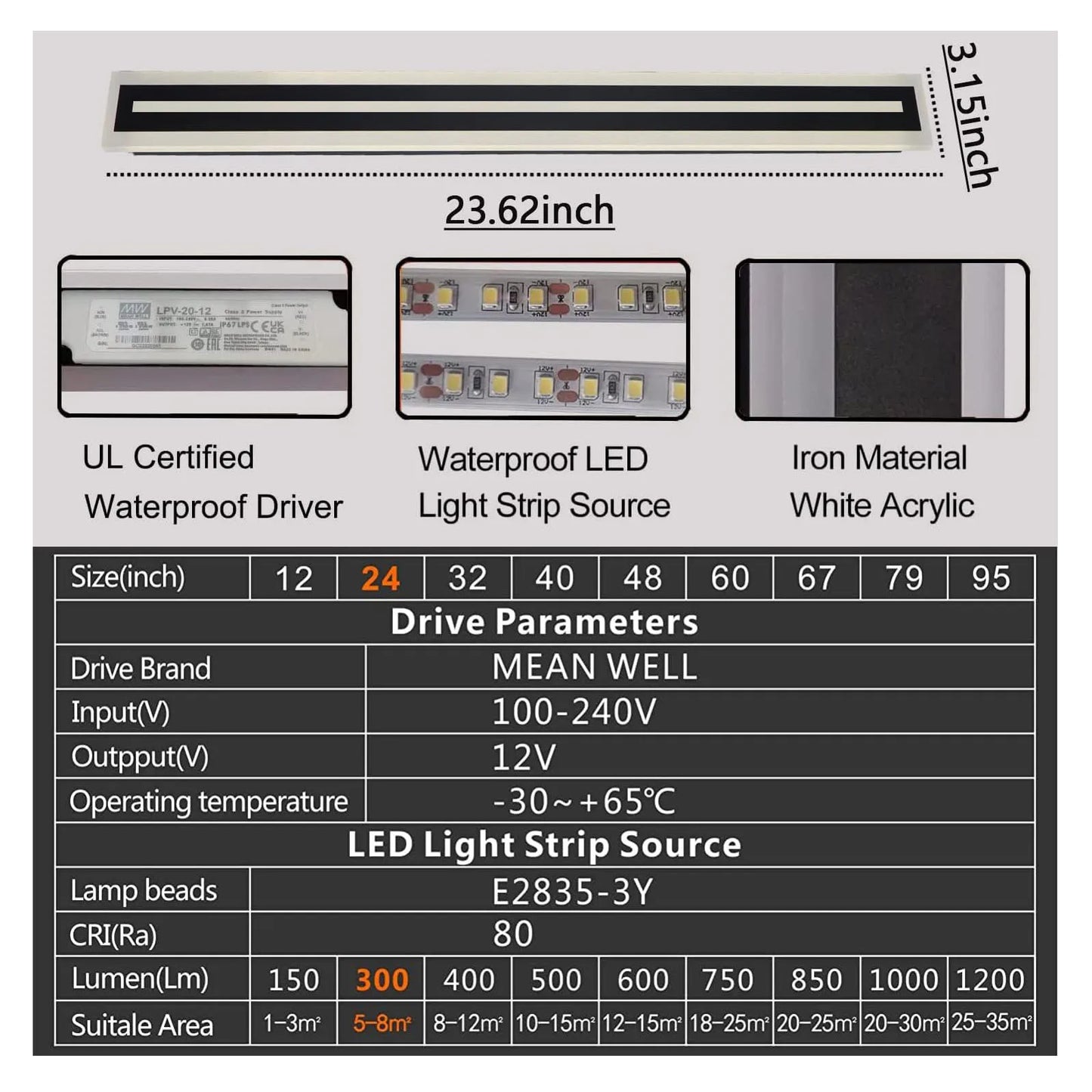 Outdoor Long LED Wall Light Strip Sconce IP67 Frosted Acrylic