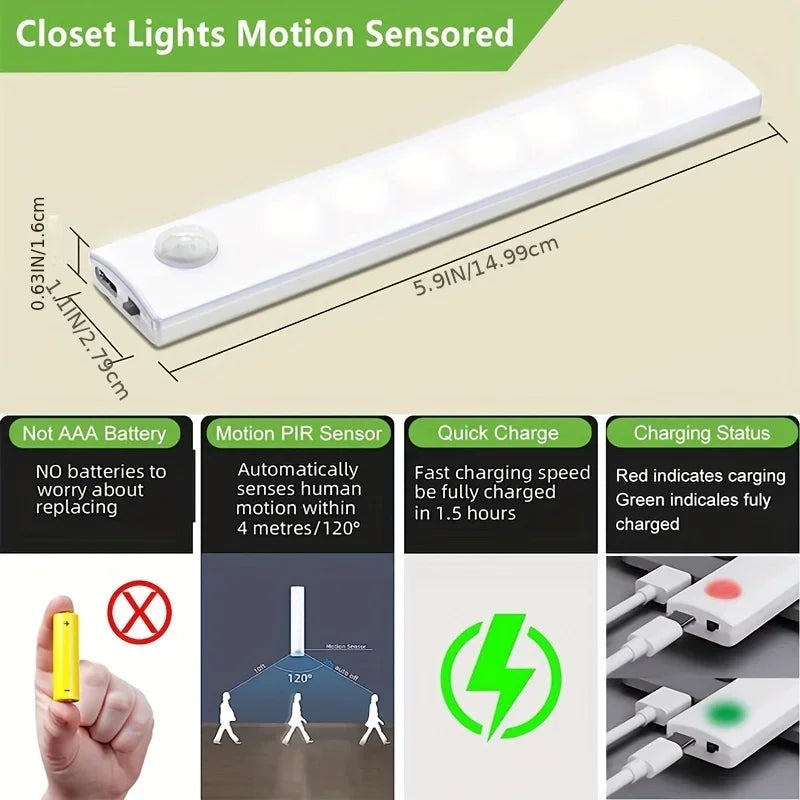 Anmeery Motion Sensor Under Cabinet Lights 6 Pack USB C Rechargeable