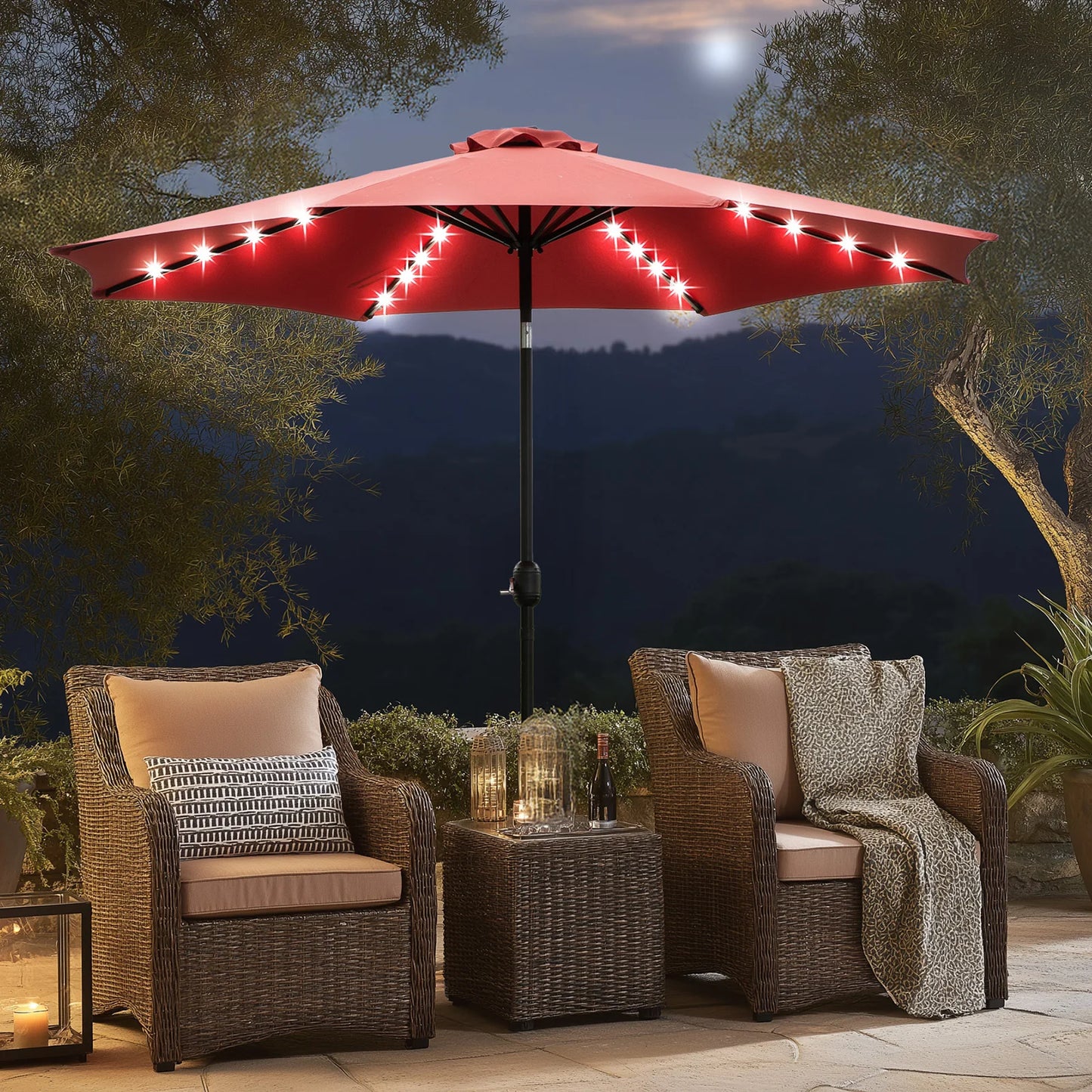 JHK Solar Patio Umbrella With 32 LED Lights And Tilt