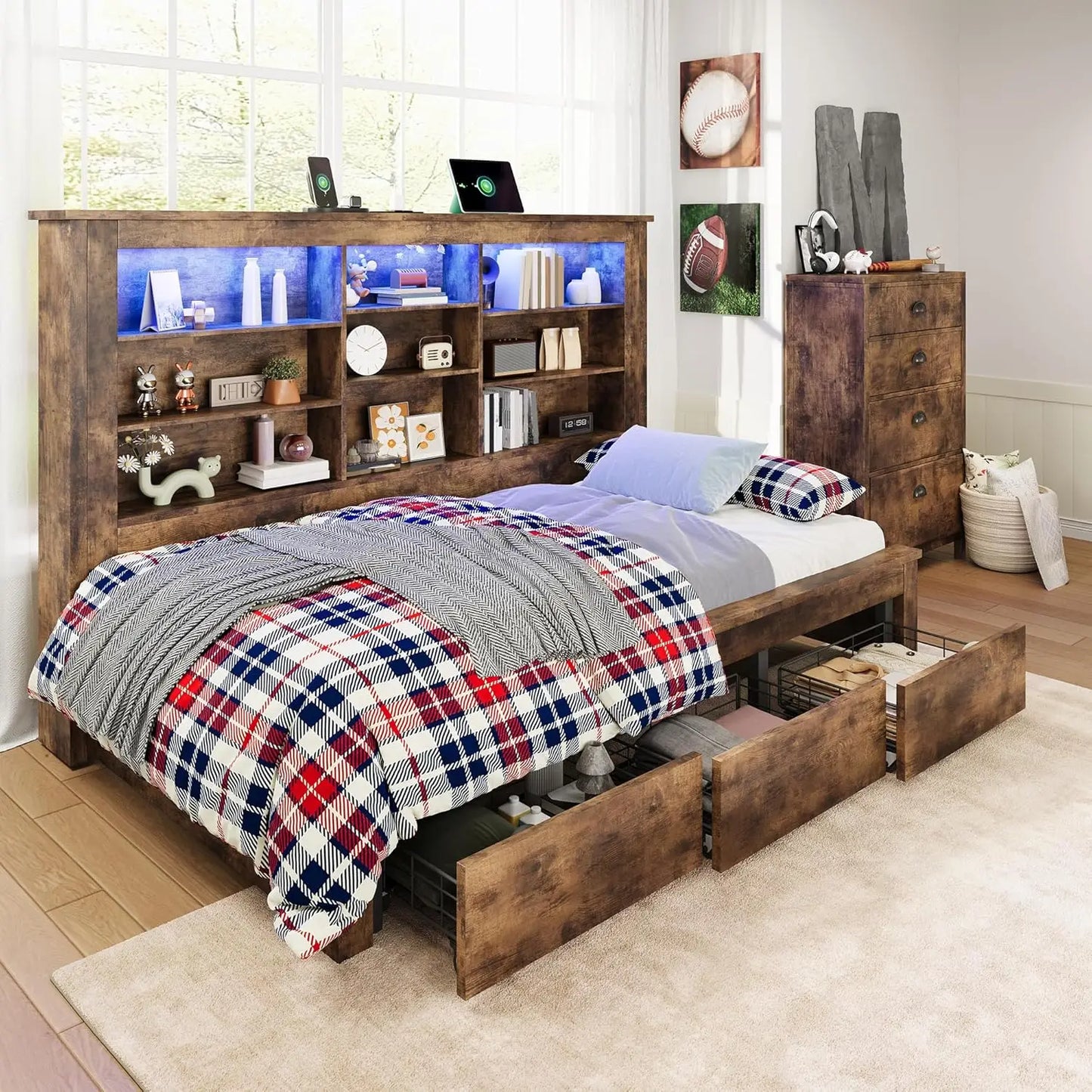 Twin Bed Frame With Storage Drawers Bookcase Headboard USB Charging