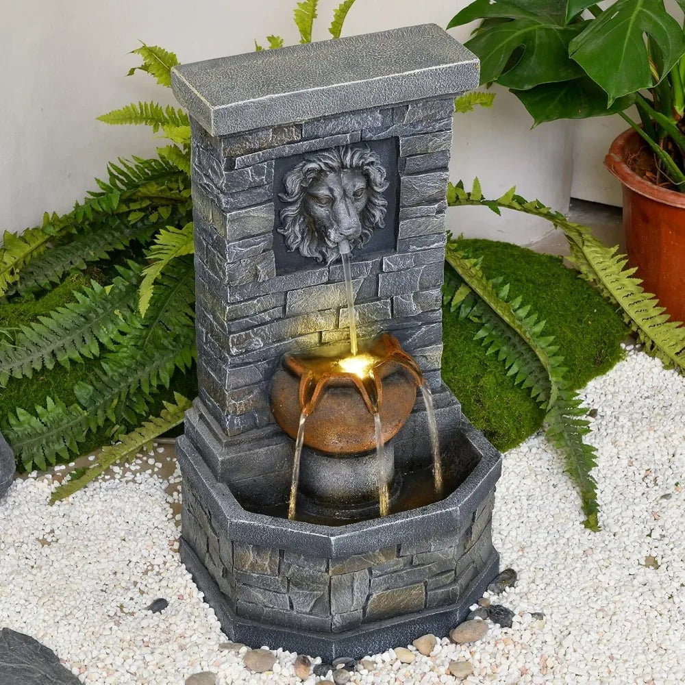 Outdoor Lion Head Stone Water Fountain With Lights Floor Standing