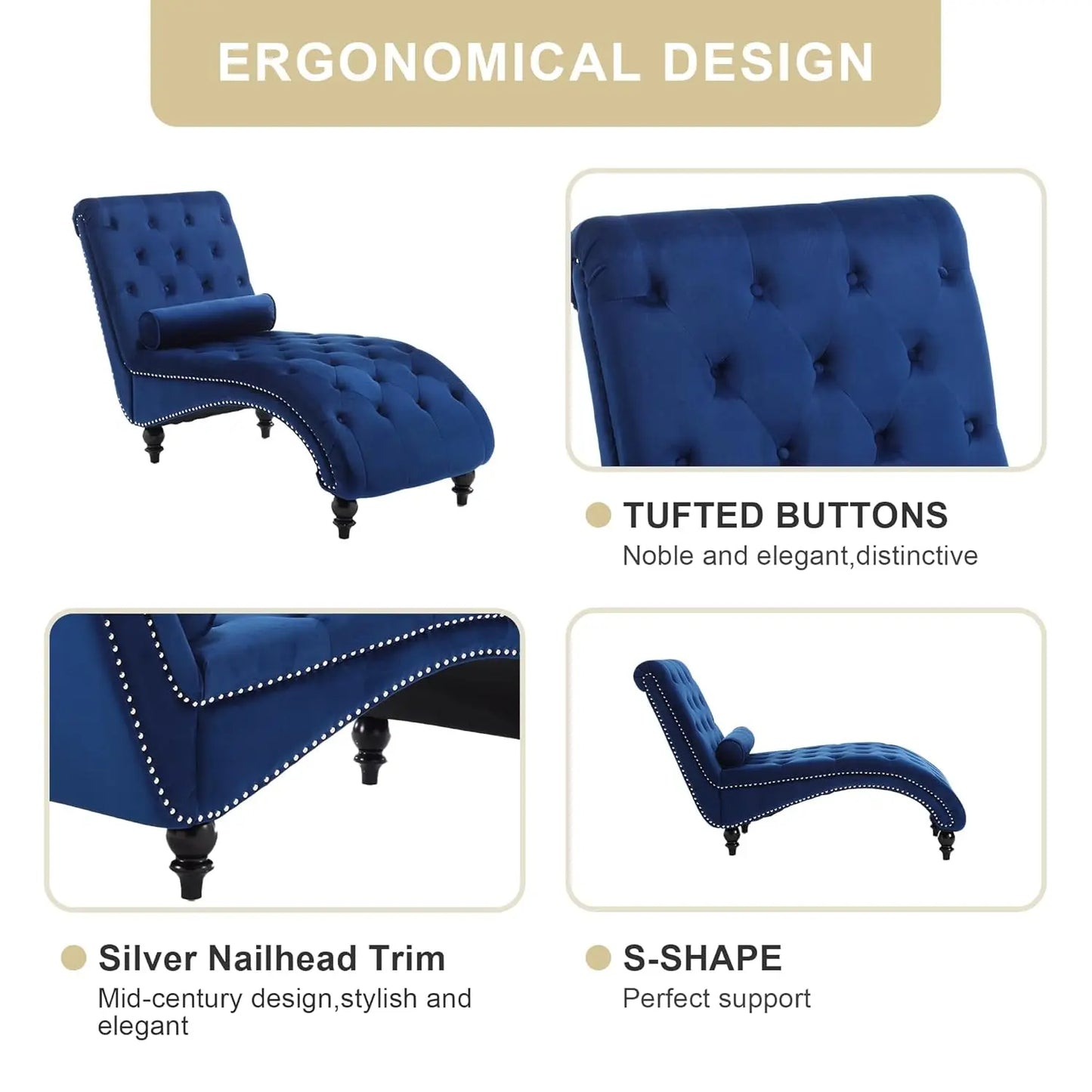 Velvet Tufted Chaise Lounge Chair With Pillow Indoor Living Room