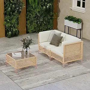 Outdoor Wicker Sectional Furniture Set With Glass Coffee Table