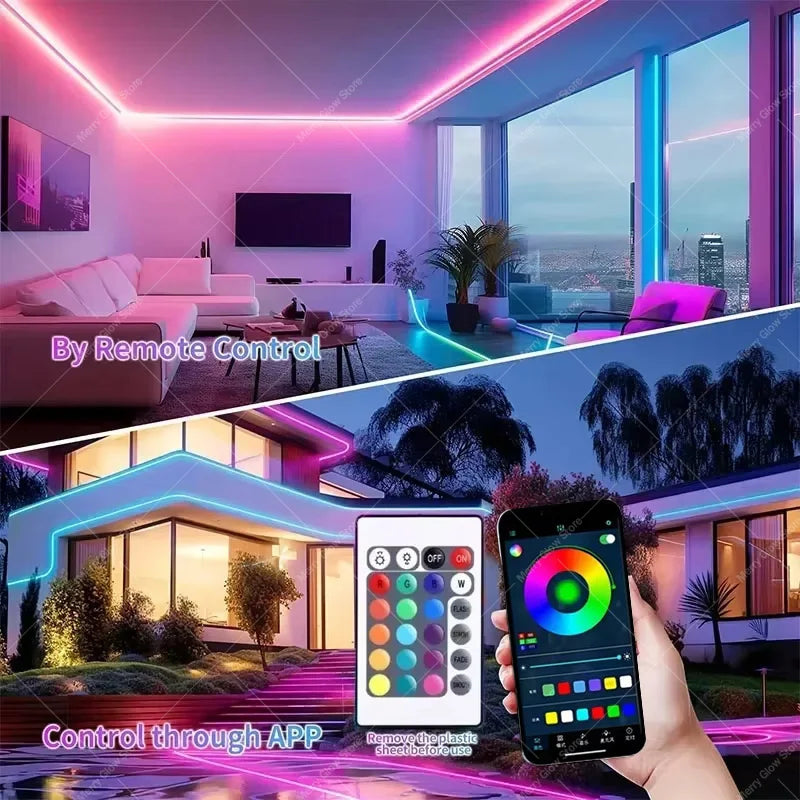 15m RGB LED Neon Rope Lights With Music Sync Smart App Control