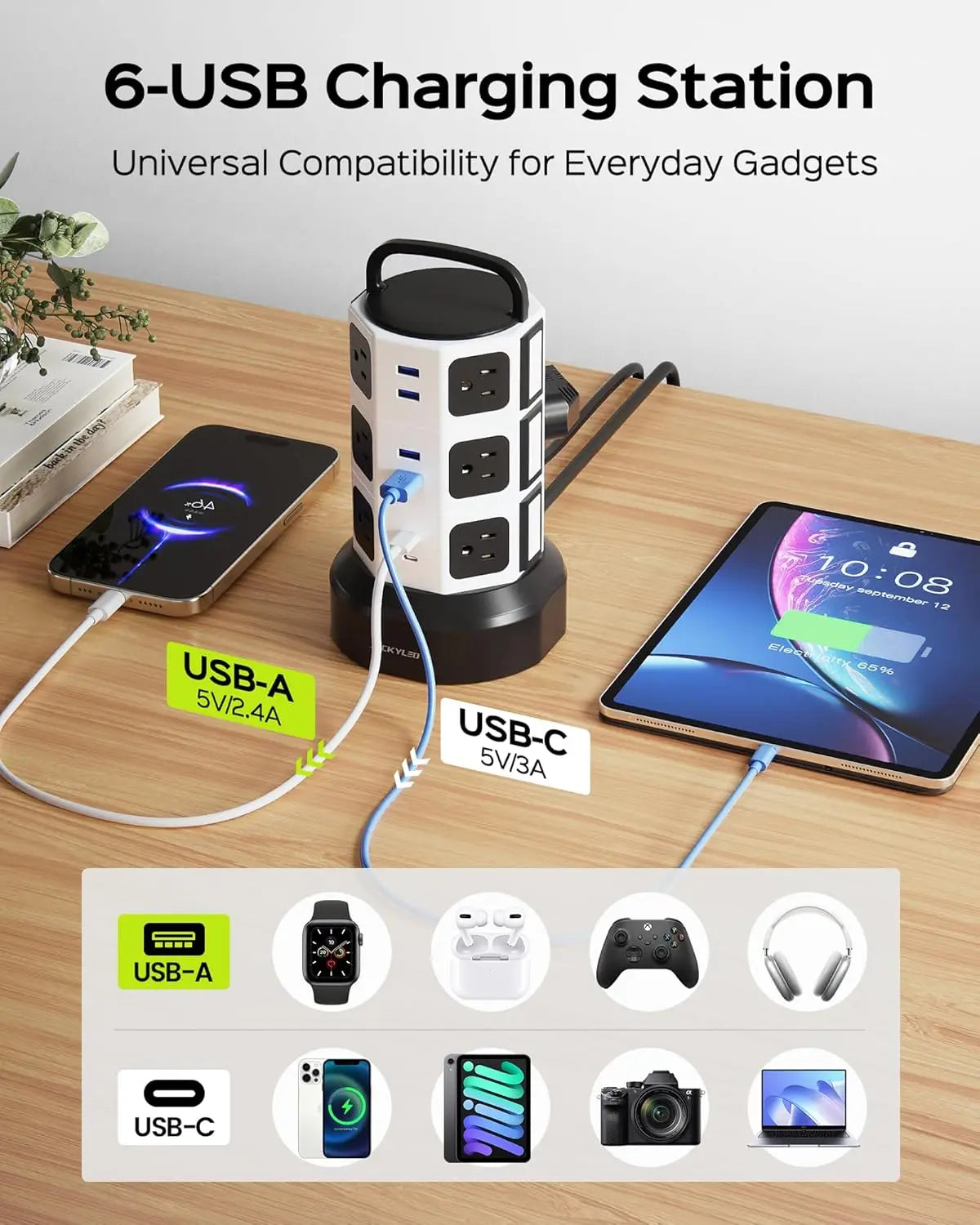 Retractable Power Strip Tower With 12 Outlets And USB Ports