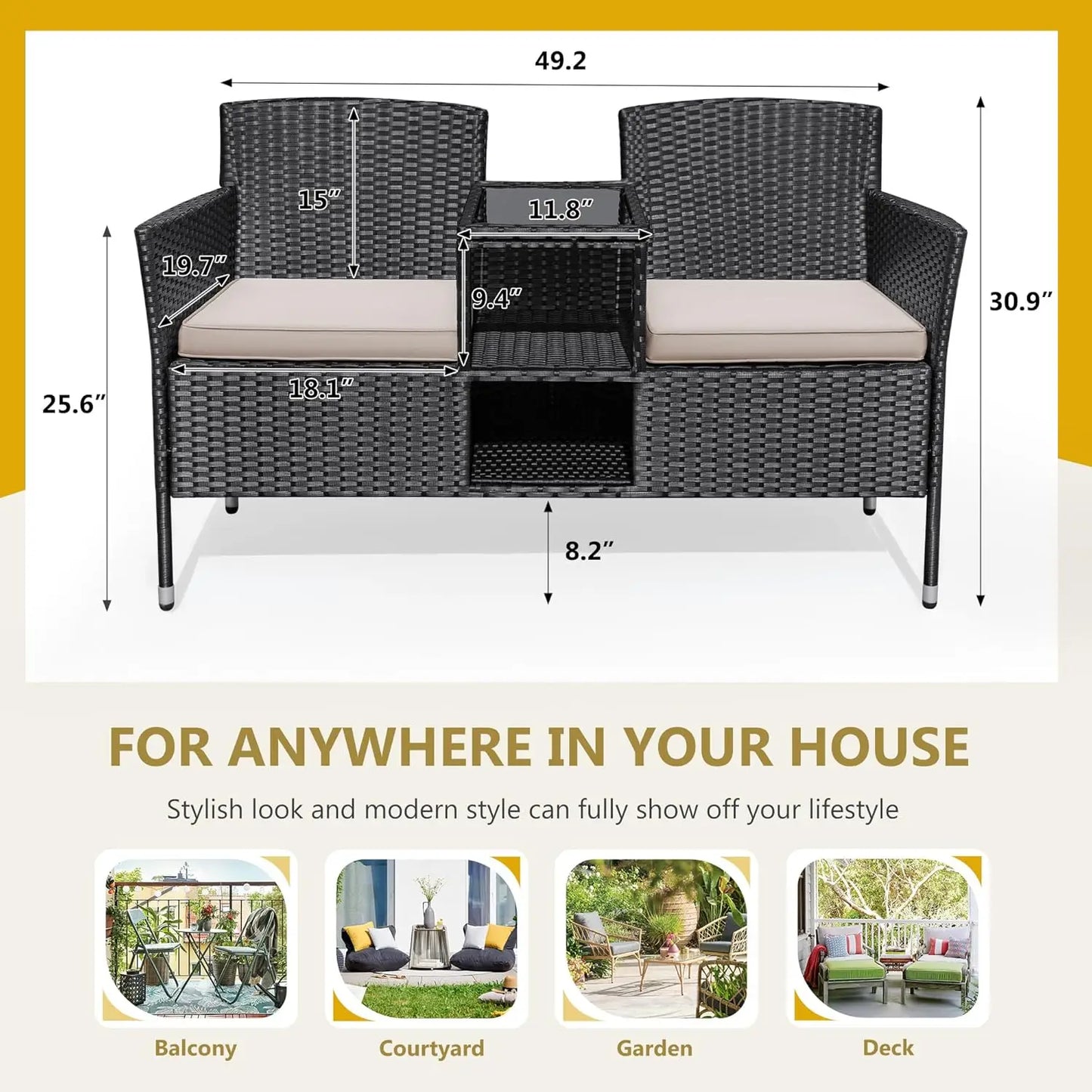 2 Seat Outdoor Wicker Loveseat With Built In Table