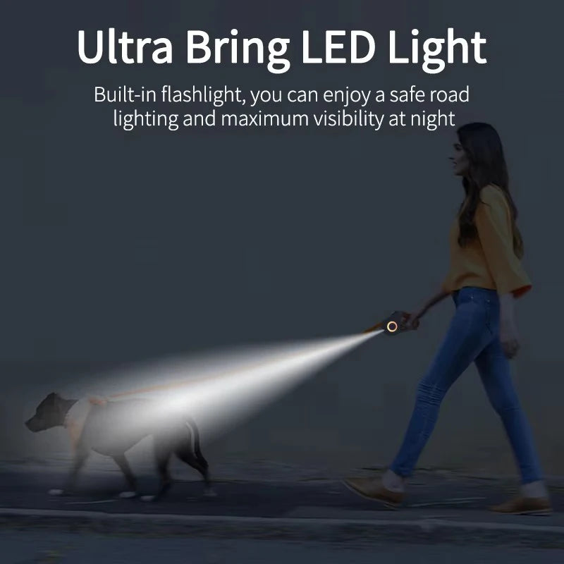 Automatic Retractable Dog Leash With LED Flashlight Nylon Lead