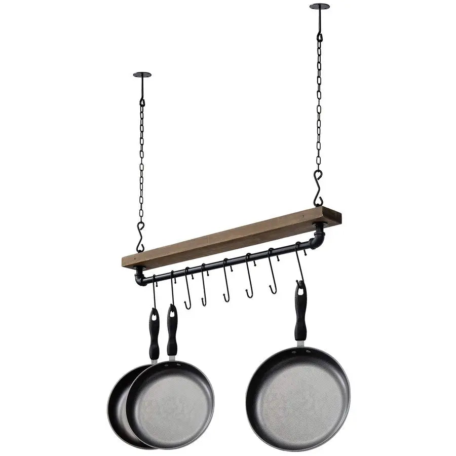 Rustic Wood And Industrial Wall Mounted Pot Rack For Kitchen