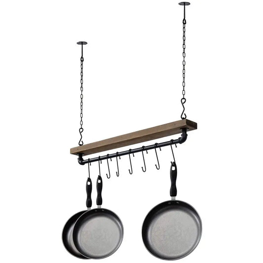 Rustic Wood And Industrial Wall Mounted Pot Rack For Kitchen