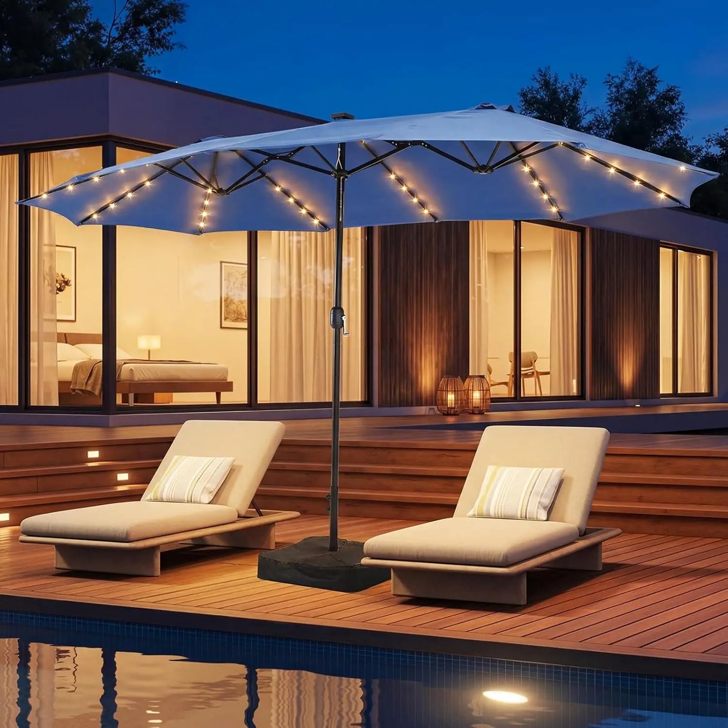 Double-Sided Rectangular Patio Umbrella With Crank And Base
