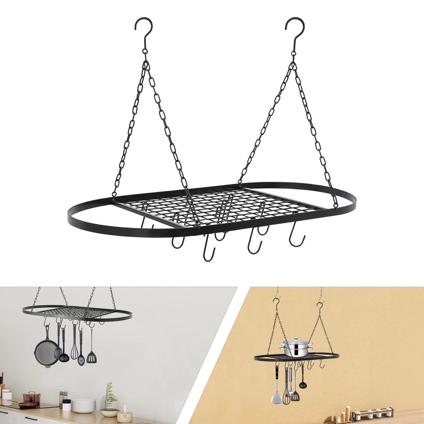 Ceiling Mounted Pot Rack With Ten Hooks, Iron Construction