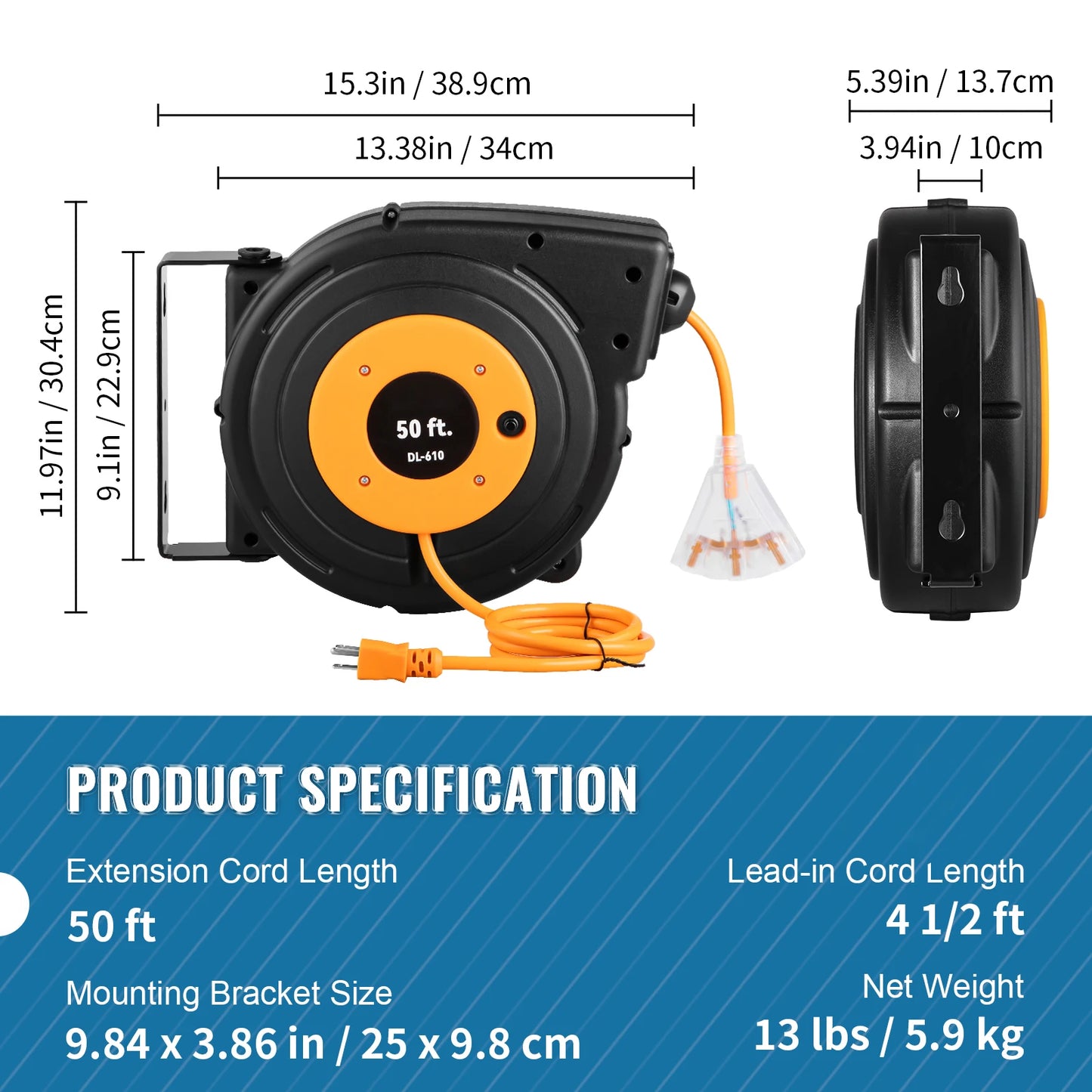 SucceBuy Retractable Extension Cord Reel 45 Ft Lighted Triple Tap Outlet