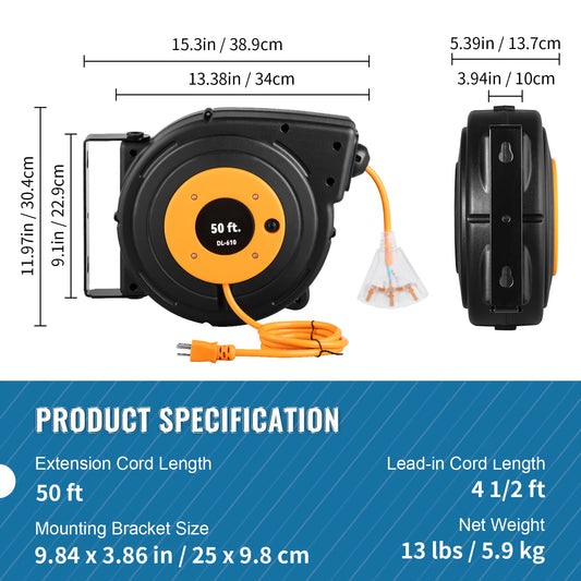 SucceBuy Retractable Extension Cord Reel 45 Ft Lighted Triple Tap Outlet