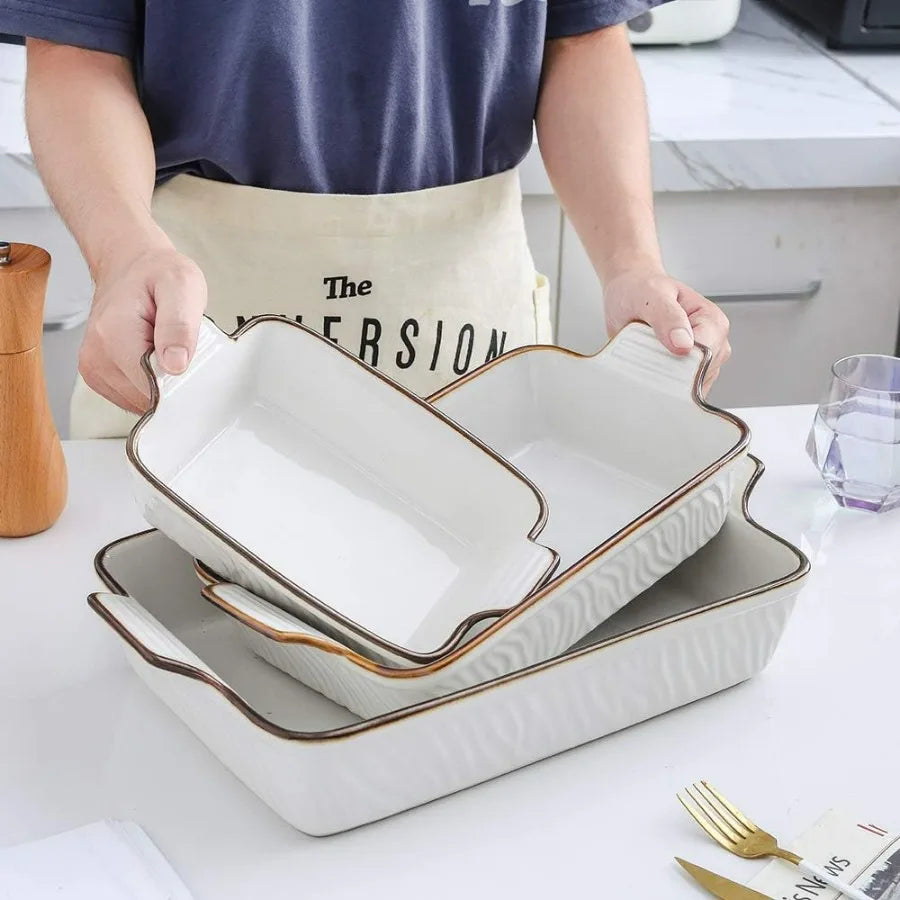 Ceramic Bakeware Set 3 Piece Rectangular Dishes For Oven Use