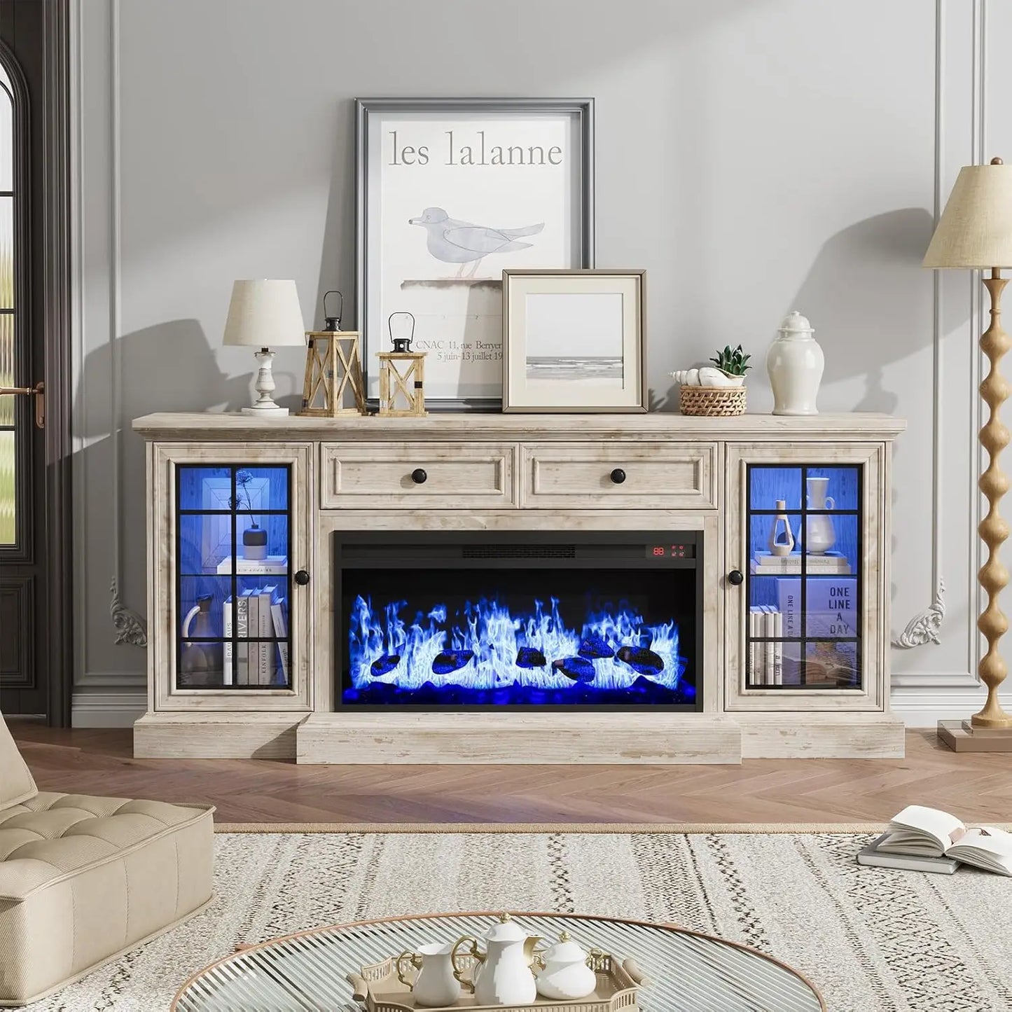 Contemporary TV Stand With Electric Fireplace And LED Lights
