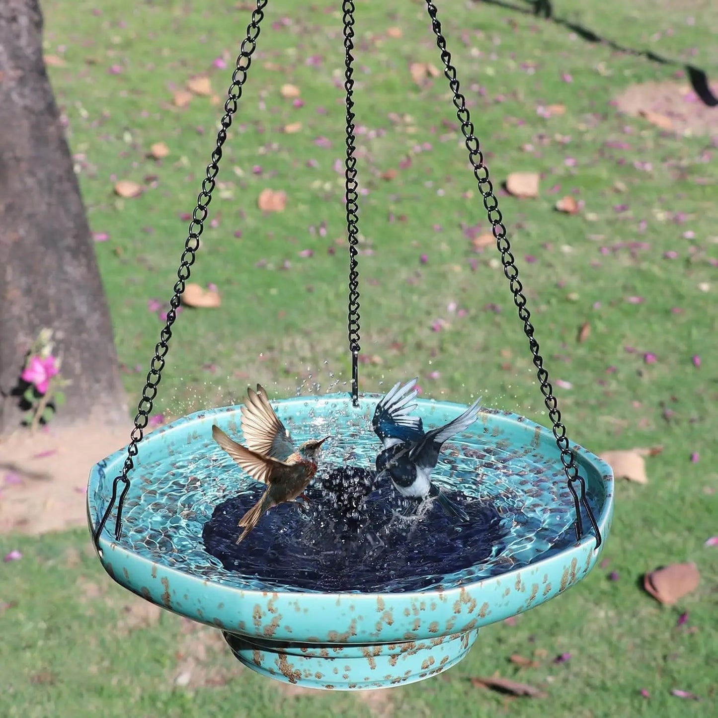 Solar-Powered Ceramic Hanging Bird Bath with Fountain for Outdoor Garden