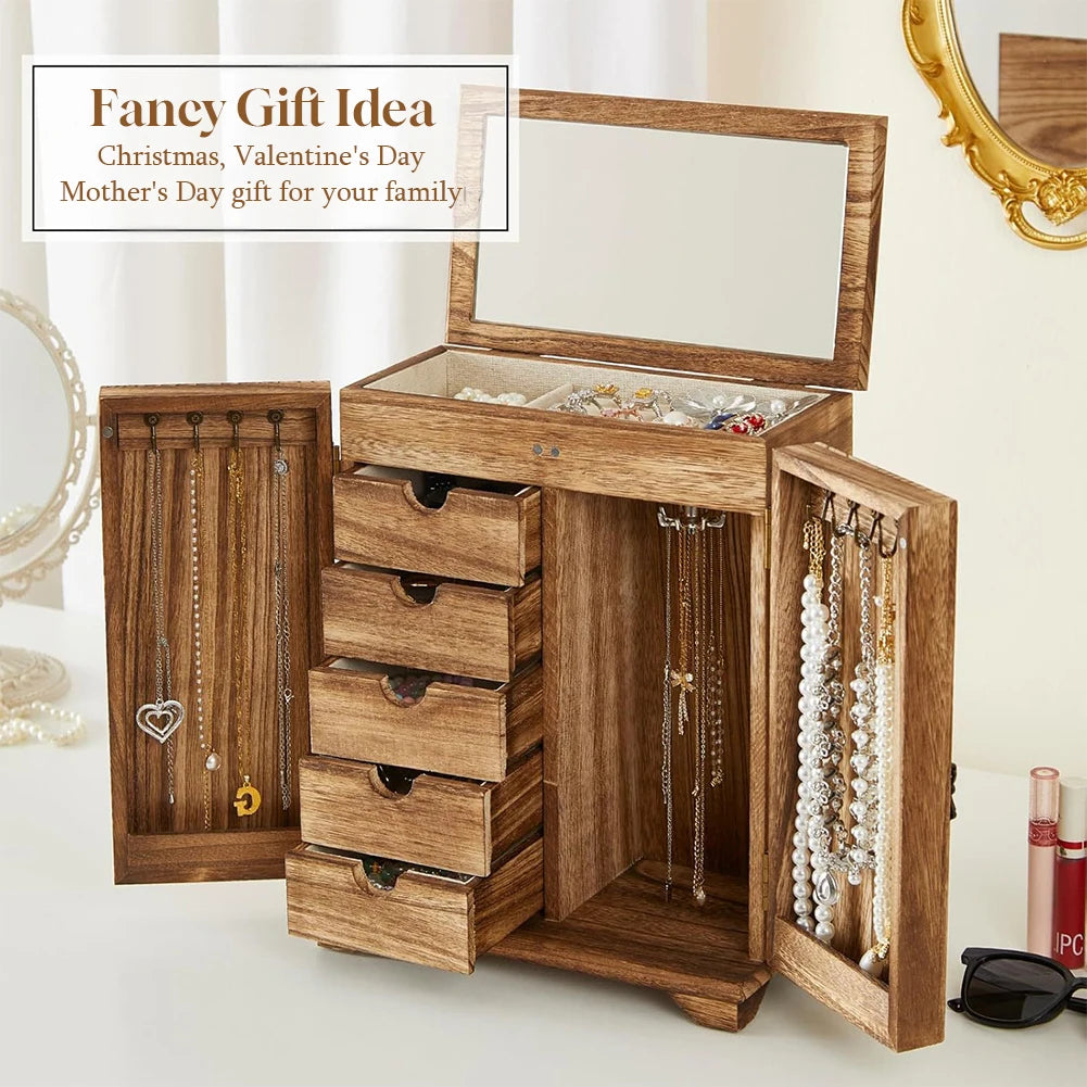 Wood Jewelry Box Organizer With Drawers And Mirror