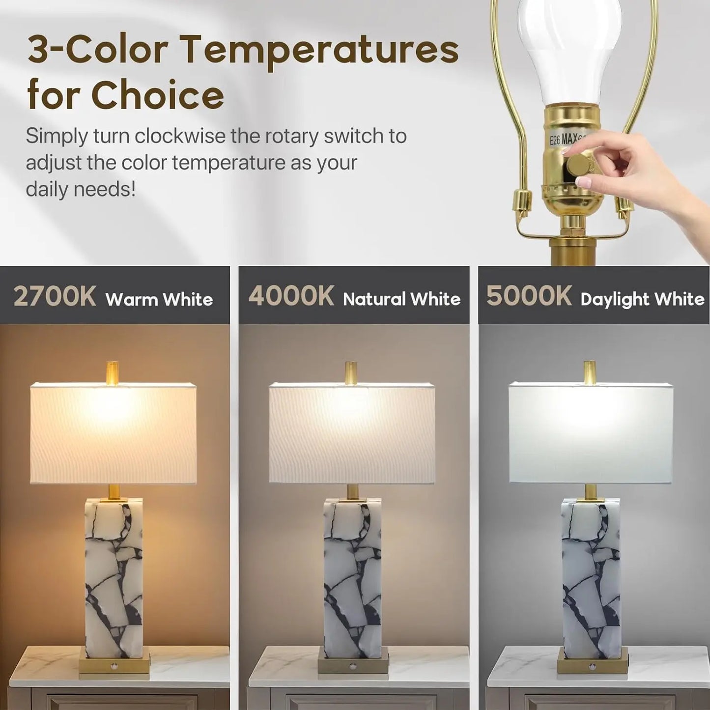 Natural Marble Table Lamps Set Of 2 With USB Ports
