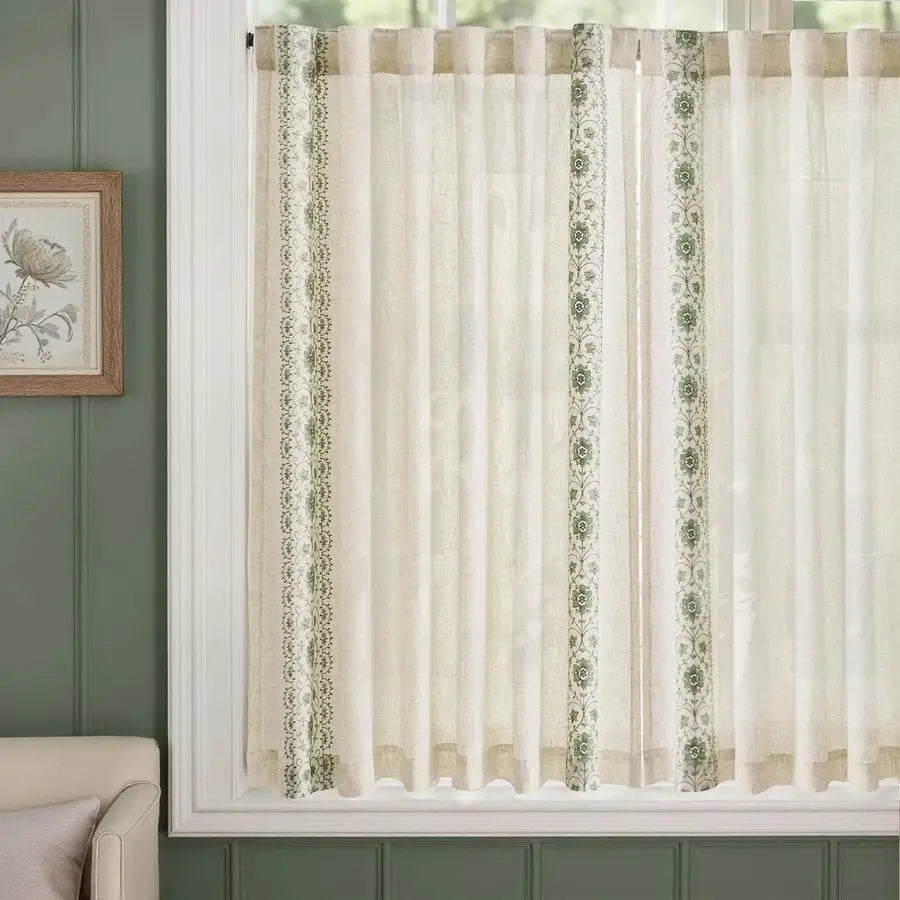 Small Linen Cafe Curtains With Bordered Floral Embroidery For Kitchen And Bath
