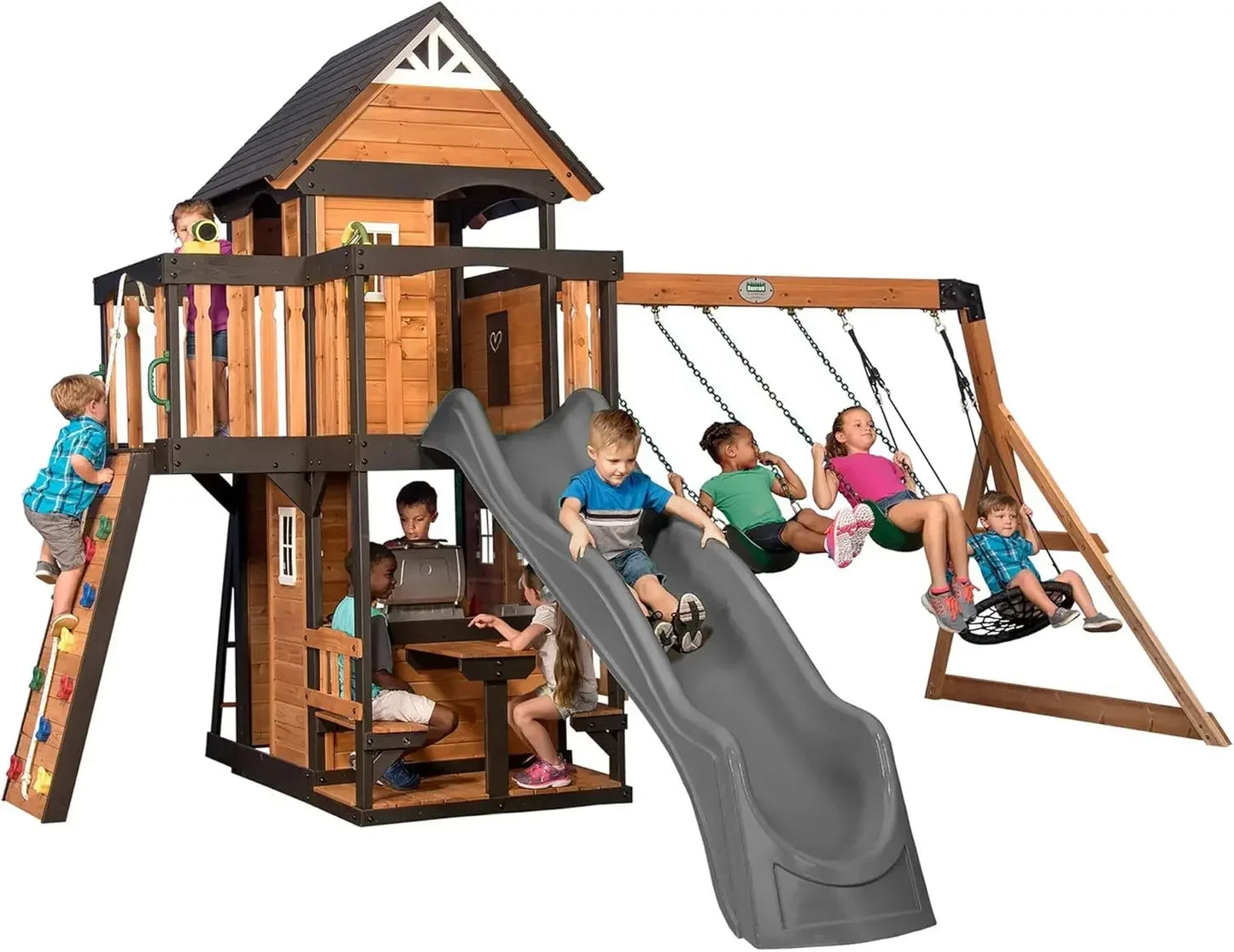 Cedar Wood Swing Set With Wave Slide And Clubhouse
