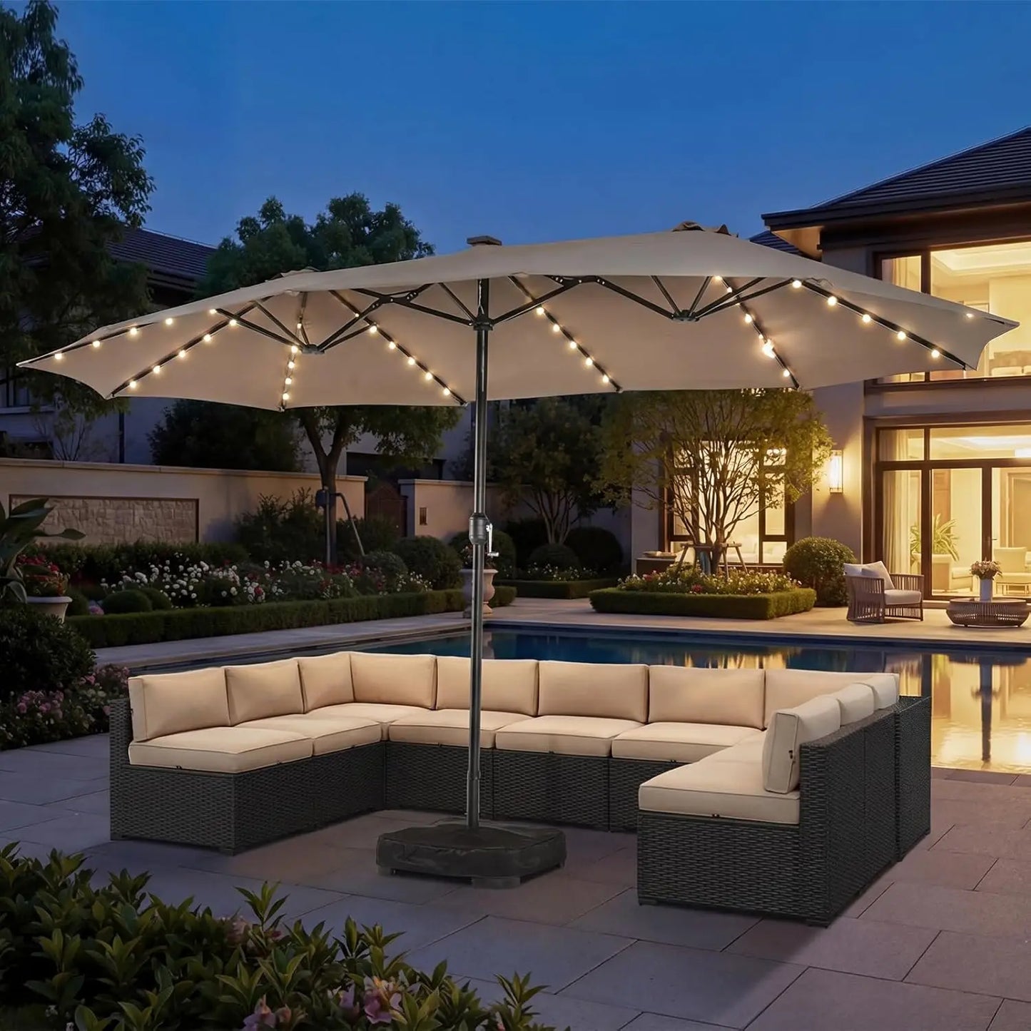 Double-Sided Rectangular Patio Umbrella With Crank And Base